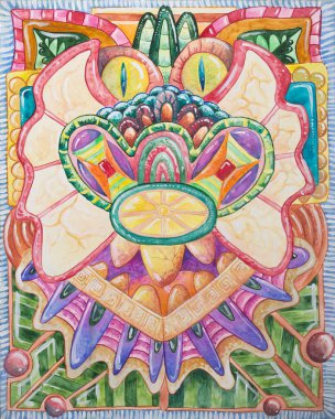 Simetrik soyutlama kompozisyonu. Suluboya çizimi. Fantastik bir görüntünün maskesi. Uzaylı bir yaratığın portresi.