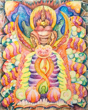 Simetrik soyutlama kompozisyonu. Suluboya çizimi. Fantastik bir görüntünün maskesi. Uzaylı bir yaratığın portresi.