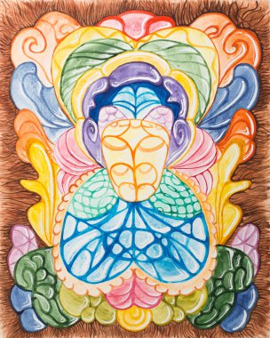 Simetrik soyutlama kompozisyonu. Suluboya çizimi. Fantastik bir görüntünün maskesi. Uzaylı bir yaratığın portresi.