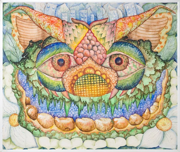 stock image Symmetrical abstraction composition. Watercolor drawing. Mask of a fantastic image. Portrait of an alien creature.