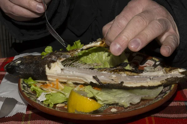 The process of eating fish in a restaurant. Butchering trout with a fork and hands. Close-up action.
