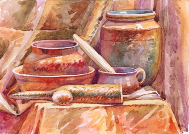 Still life painted with watercolor. The etude (sketch) is made on from life. A drawing of ceramic tableware made in a warm color.