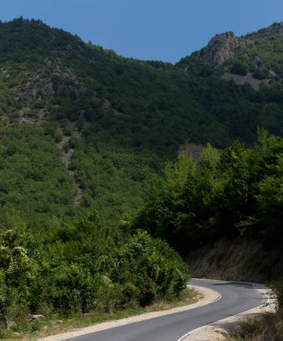 Rhodopes, Güneydoğu Avrupa 'da bir sıradağdır. Bulgaristan. Panorama. Orman alanı dağları kaplıyor..