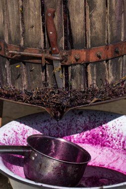 Wine making. Technology of wine production in Moldova. The ancient folk tradition of grape processing. The squeezer is used to press the wine. clipart