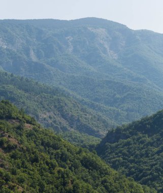 Rhodopes, Güneydoğu Avrupa 'da bir sıradağdır. Bulgaristan. Panorama. Orman alanı dağları kaplıyor..