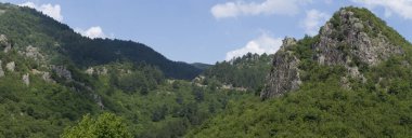 Rhodopes, Güneydoğu Avrupa 'da bir sıradağdır. Bulgaristan. Panorama. Orman alanı dağları kaplıyor..