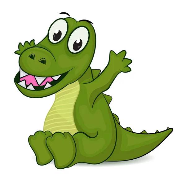 Kreskówka Śmieszne Krokodyl Siedzieć Uśmiecha Się Ręce Góry — Wektor stockowy