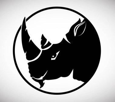 Gergedan Logosu. Gergedan silueti simgesi. Boynuzlu hayvan sembolü. Vahşi hayvan şirketinin güç işareti. Vektör illüstrasyonu.