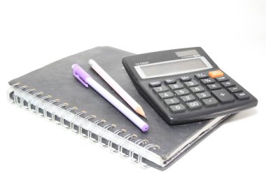 Black digital calculator isolated on the top view white background