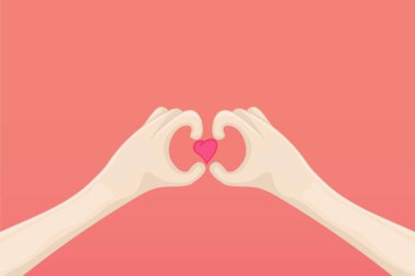 Hands fold the shape of a heart. Finger gesture sign. Element for design. Vector illustration on an isolated pink background.