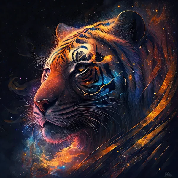 Kosmischer Tiger Kunstgesicht Auf Der Galaxie — Stockfoto