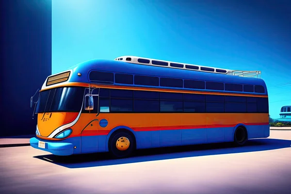 Renderowania Autobusu Kolorze Niebieskim Pomarańczowym Drodze — Zdjęcie stockowe
