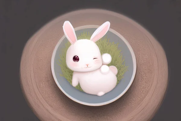 Кролик Миске Зеленой Травой Заднем Плане — стоковое фото