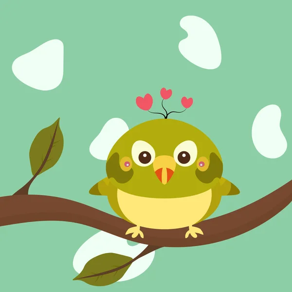 Green Bird Heart Its Head Sits Branch Green Leaves — Stock Vector