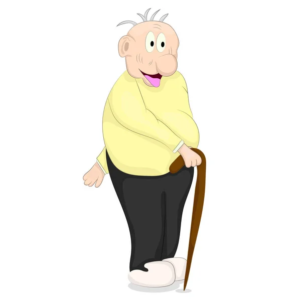 Cartoon Van Oude Man Met Een Stok Geel Shirt — Stockvector