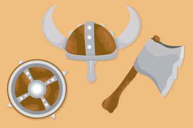 Viking oyun ikonları, miğfer savaş baltası, düz renkli kalkan.