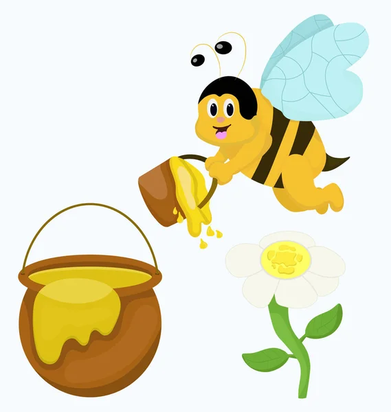蜂蜜蜜蜂设置平面设计 卡通可爱的蜜蜂带着蜂蜜壶 — 图库矢量图片