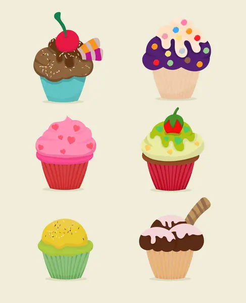 Sweet Food Creamy Cupcake Set Isolated Vector Illustration — Stock Vector