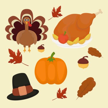 Thanksgiving icons set of autumn elements with roast turkey, cartoon pumpkin food, pilgrim hat. Happy Thanksgiving day. clipart