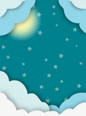 Ay ve yıldızlı gri gökyüzü, kağıt kesiği arka plan.