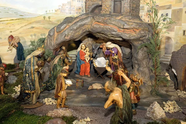Cama Natal Figuras Natividade Maria José Com Cristo Menino — Fotografia de Stock