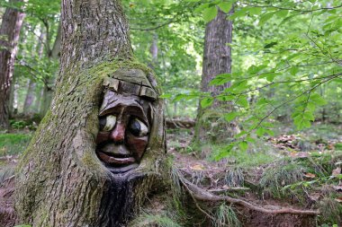Orman hayaleti, oyulmuş yüz, yakın plan. 