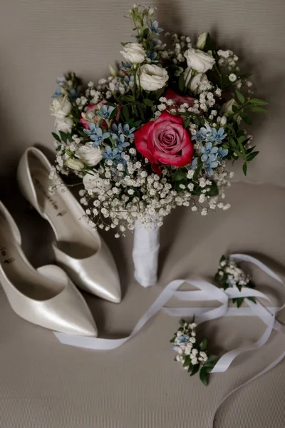 Svatební Doplňky Nevěsty Krásné Dekor Kytice Boty Tradice Stock Snímky