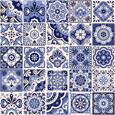 Meksika kiremitleri kusursuz vektör deseni - büyük bir set lacivert talavera esinlenilmiş tasarımlar Duvar kağıtları, ev dekorasyonu, tekstil veya kumaş baskıları için mükemmel