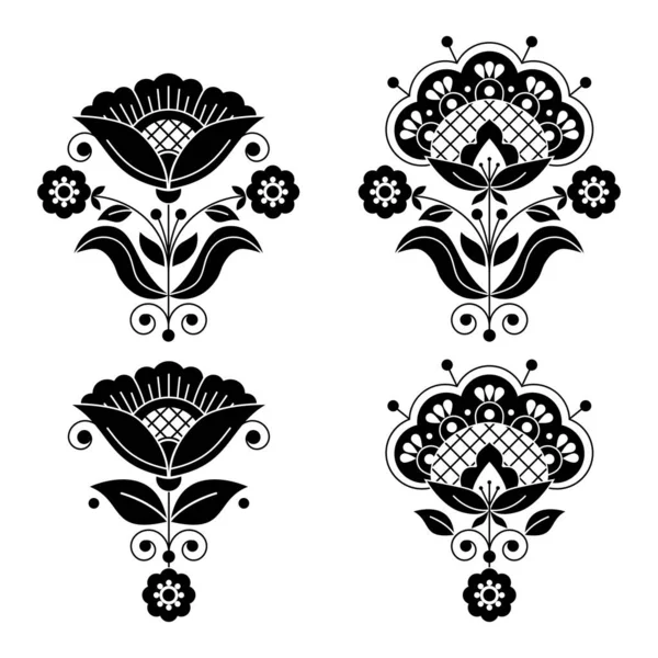 北欧の花の民俗芸術ベクトル黒と白のデザインは 伝統的な刺繍パターンに触発花 葉や渦で設定します — ストックベクタ
