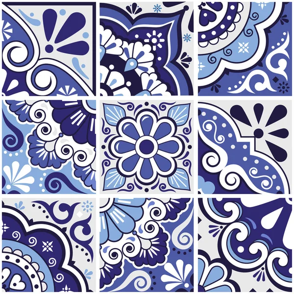 Azulejos Cerámica Mexicana Talvera Engastados Con Decoración Azul Marino Flores — Vector de stock