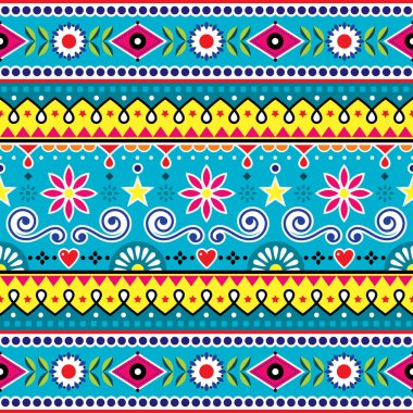 Pakistan ve Hindistan 'ın kusursuz vektör desenleri, reklam arabası sanat tasarımı, çiçeklerle süslü renkli süsler ve soyut şekiller. 