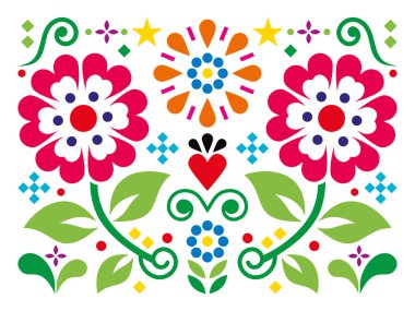 Meksika halk sanatı tarzı tebrik kartı veya kalp, çiçek ve yapraklı davetiye tasarımı
