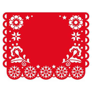 Noel Papel Picado 'nun kar taneleri ve çiçekli vektör tasarımı selamlama için boş bir alan, Meksika kırmızı şenlikli kağıt kesim süslemesi.