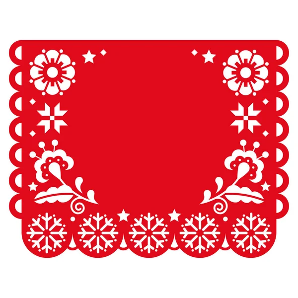 圣诞纸片皮卡多矢量设计用雪花和花朵在空旷的空间里问候 墨西哥红色节日剪纸装饰 — 图库矢量图片