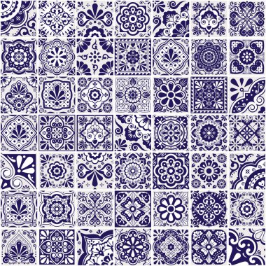 Meksika talavera fayans vektör deseni. Büyük 49 farklı lacivert dizayn seti. Duvar kağıdı, tekstil veya kumaş baskısı için mükemmel.