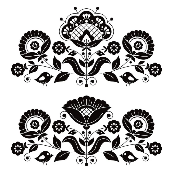 Schwedische Florale Volkskunst Vektor Schwarz Weiß Grußkarte Design Elemente Inspiriert — Stockvektor