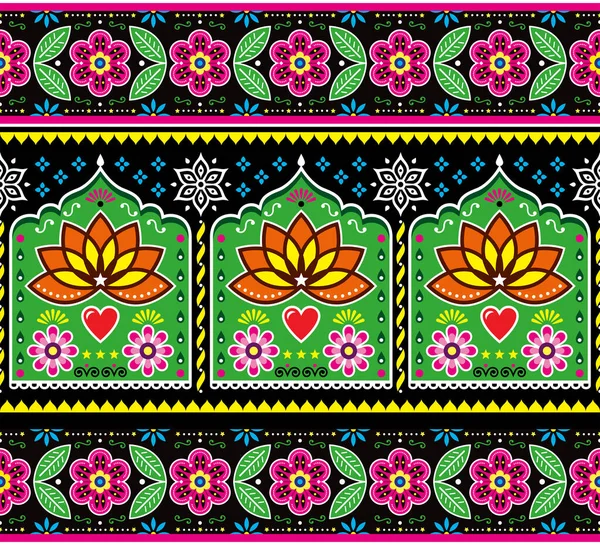 パキスタンやインドのトラックアートシームレスベクトルパターンハスの花や葉 ジングルトラックに触発背景 — ストックベクタ