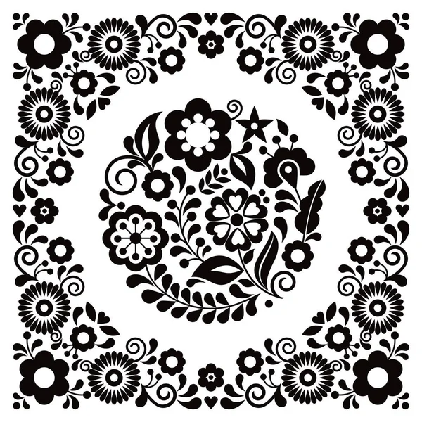 メキシコの伝統的な刺繍に触発されたフレーム 黒と白のグリーティングカードや結婚式の招待状デザインのメキシコの民俗芸術スタイルのベクトルラウンド花パターン — ストックベクタ