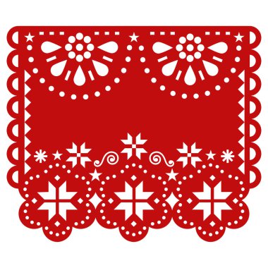 Kartaneleri ve çiçekleri olan Noel Meksika Papel Picado vektör şablonu tasarımı metin için boş bir alan, şenlikli kış kağıt kesimi dekorasyonu