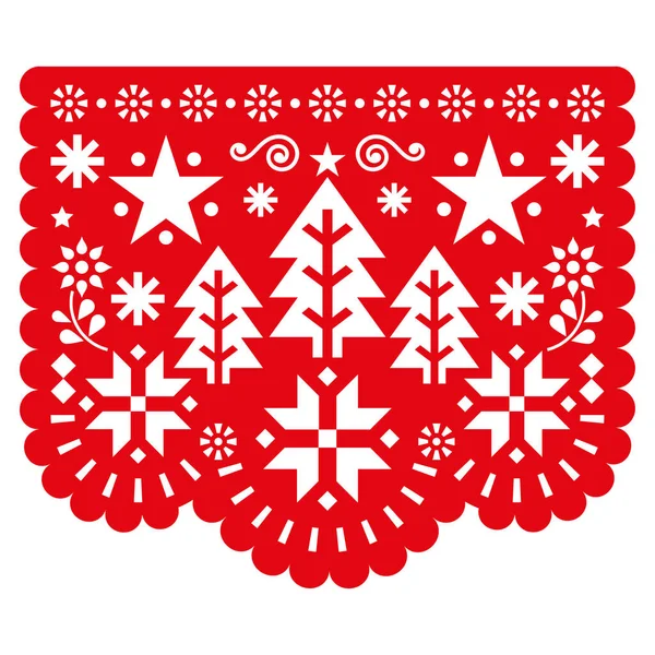 节日纸片皮卡多矢量设计与雪花和圣诞树 墨西哥冬季剪纸装饰与红色 — 图库矢量图片