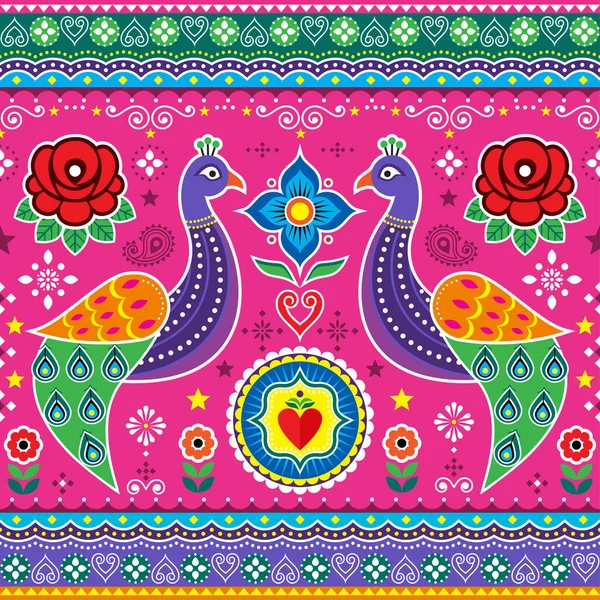 パキスタンとインドのトラックアート平和 心とバラ 装飾的な鳥の花の活気のあるパターンとシームレスなベクトルデザイン — ストックベクタ