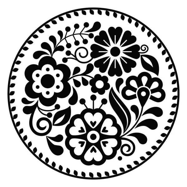 Mexikanische Volkskunst Vektor Runde Florale Muster Rahmen Natur Schwarz Weiß — Stockvektor