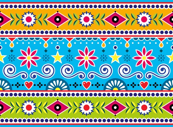 パキスタンとインドのシームレスなベクトルパターン ジングルトラックアートデザイン 花と抽象的な形状と活気のある長い水平方向の装飾 — ストックベクタ
