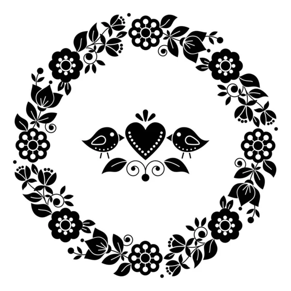 北欧の民俗芸術ベクトルバレンタインデーグリーティングカードや結婚式の招待状のデザイン 花の花輪 鳥や心臓と黒と白のスウェーデンのパターン — ストックベクタ