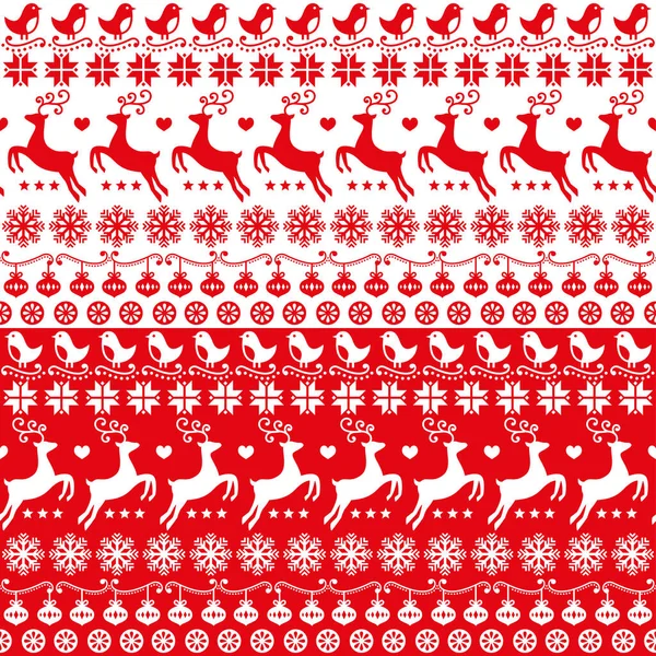 Christmas Folk Art Vector Seamless Pattern Set Birds Reindeer Snowflakes — Stock Vector