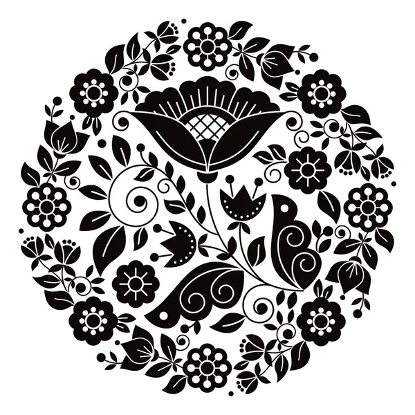スウェーデン ノルウェー デンマークの伝統的な刺繍に触発されたフレームで北欧民俗芸術ベクトルの花マンダラ黒と白のデザインパターン — ストックベクタ