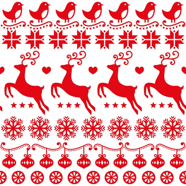 Kerst Leuke Folk Kunst Vector Naadloos Patroon Met Vogels Rendieren — Stockvector