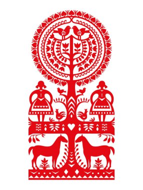 Polonyalı halk sanatı modeli Wycinanki Kurpiowskie ile kadınlar, kuşlar ve atlar - Kırsal kesim ile Kurpie kağıt kesim tasarımı