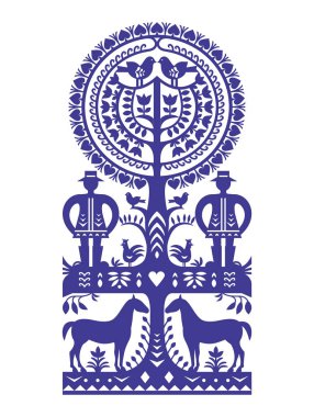 Polonyalı halk sanatı modeli Wycinanki Kurpiowskie ile iki adam, kuş ve at - Kırsal kesim ile Kurpie kağıt kesimi tasarımı