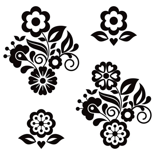 メキシコの伝統的な刺繍に触発された招待状のデザイン要素に花の葉と心 黒と白のグリーティングカードで設定されたメキシコの民俗芸術スタイルベクトルパターン — ストックベクタ